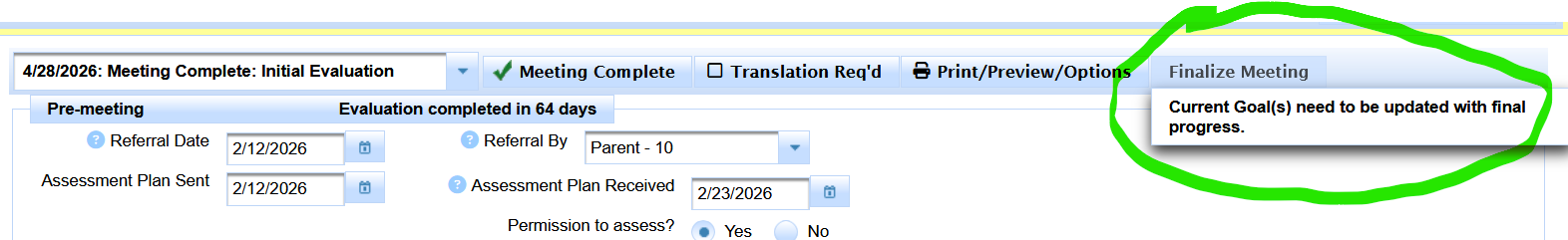 Validation message stating Current Goals need to be updated with final progress when re-finalizing a reactivated meeting