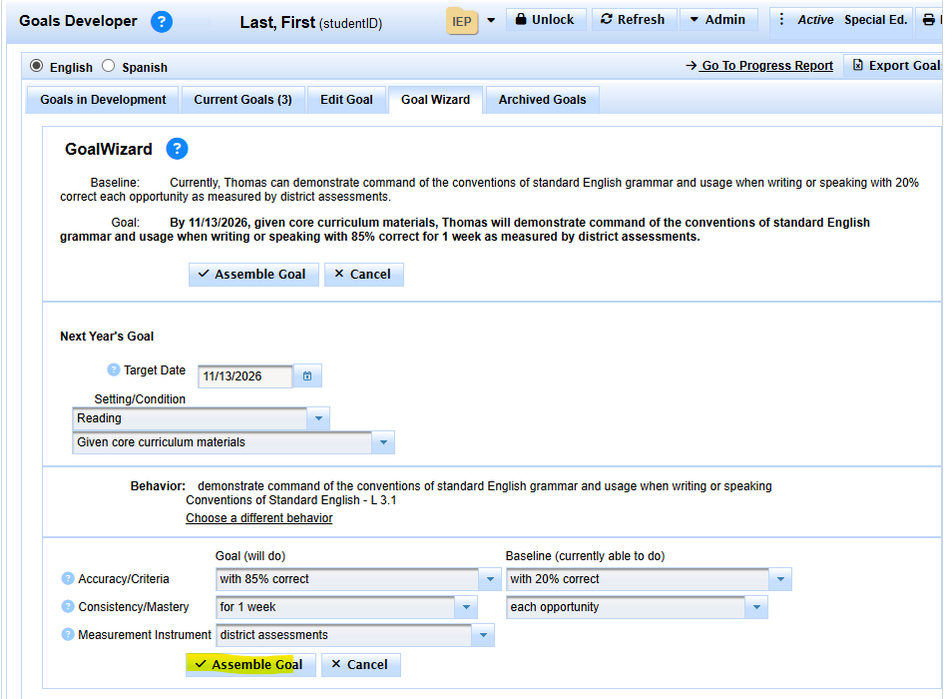 GoalWizard screen for reviewing the developing goal and baseline before selecting Assemble Goal