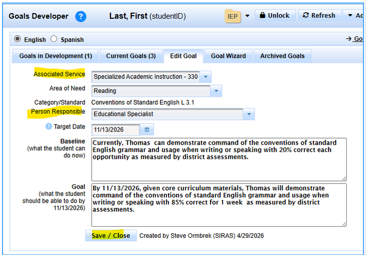 Goal Editor view for reviewing and adjusting the assembled goal before saving