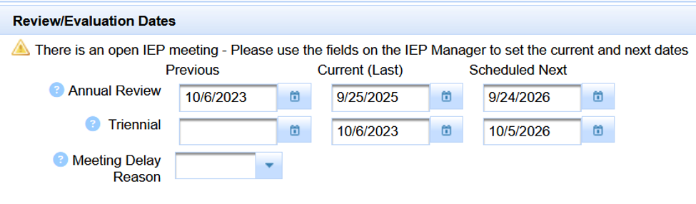Student Info Special Ed Profile Program area showing Review Evaluation Dates