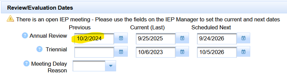 Special Ed Profile Review and Evaluation Dates after correcting the Previous Annual Review date