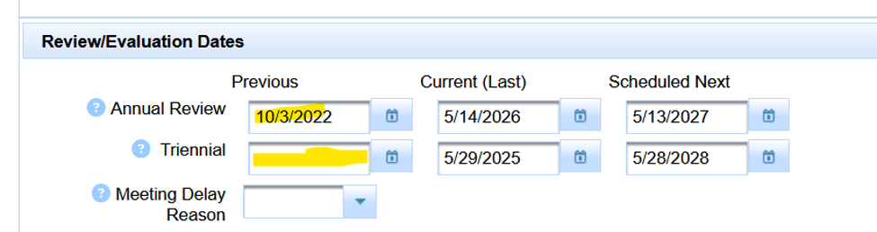 Special Ed Profile Review and Evaluation Dates showing an incorrect Previous Annual Review date and blank Previous Evaluation date