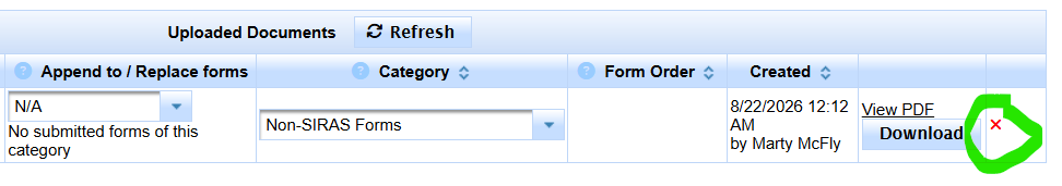 Uploaded files list showing View PDF, Download, and delete controls on the right side