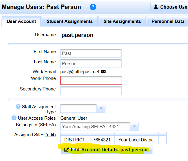 Student Assignments area for a selected user