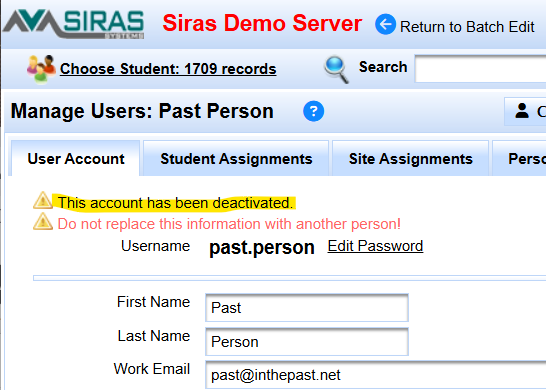 Confirmation that a SIRAS user account is deactivated