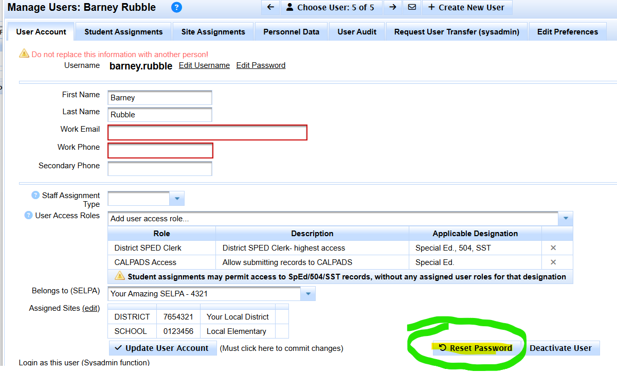 Reset Password control on the SIRAS user account