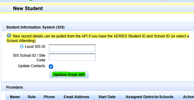 New Student page showing the Update from API button for an Aeries-connected district.