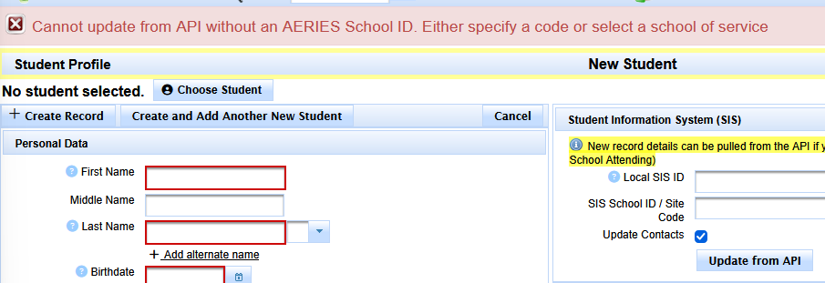 Example Update from API error message when the Aeries student or school identifiers do not return a match.