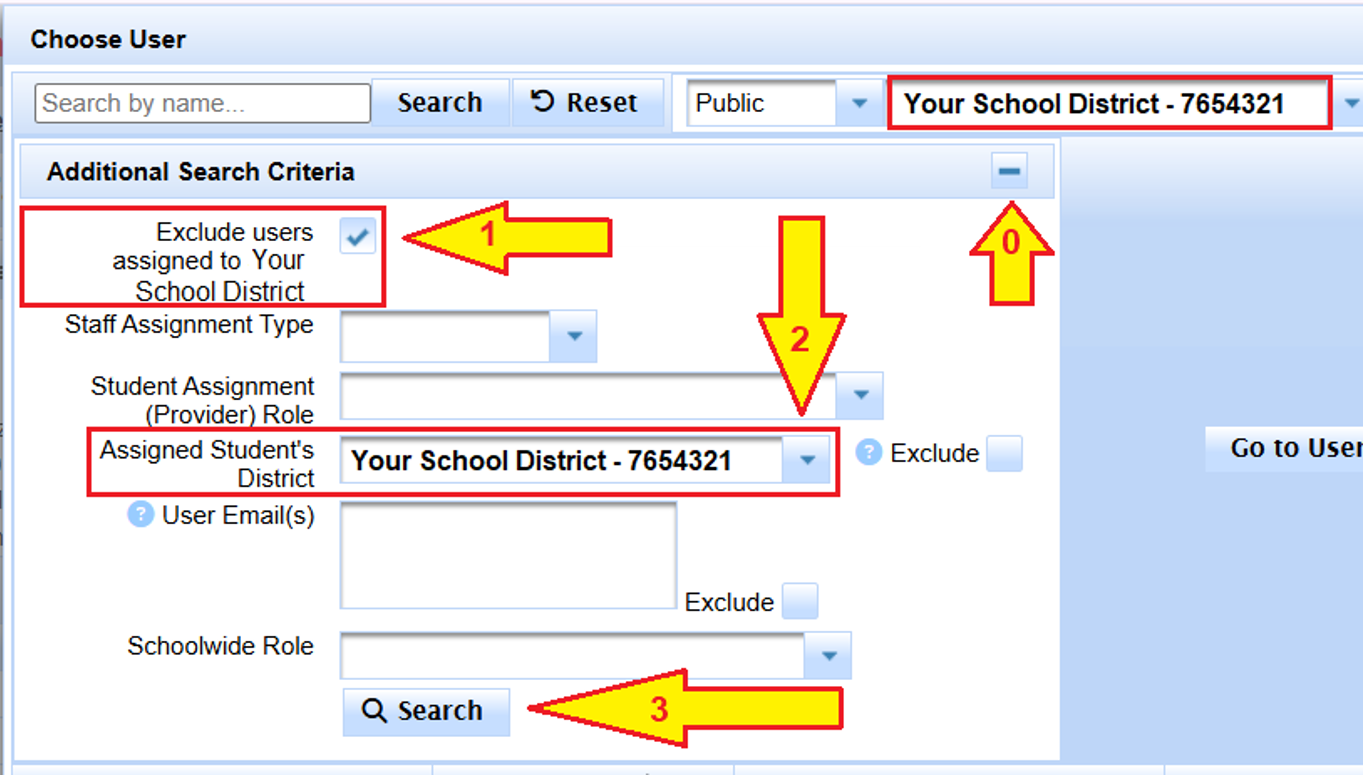 Choose User search criteria showing Exclude users assigned to your district and Assigned Student's District