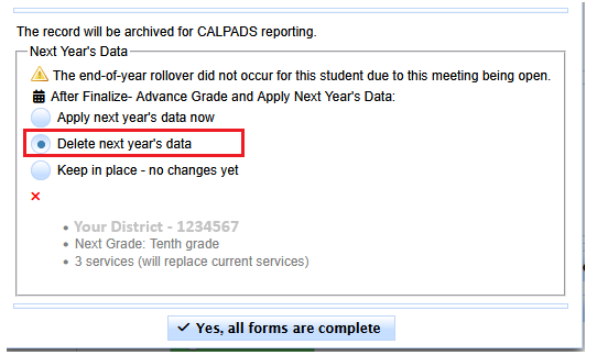 Delete Next Year's Data option in the Finalize Meeting dialog
