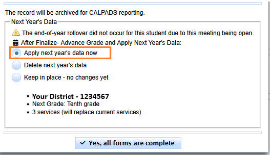Apply Next Year's Data option in the Finalize Meeting dialog