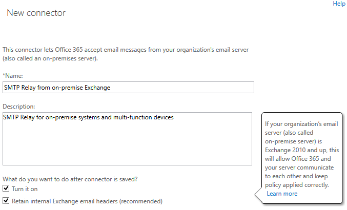 Risultati immagini per administration exchange office 365 new connector