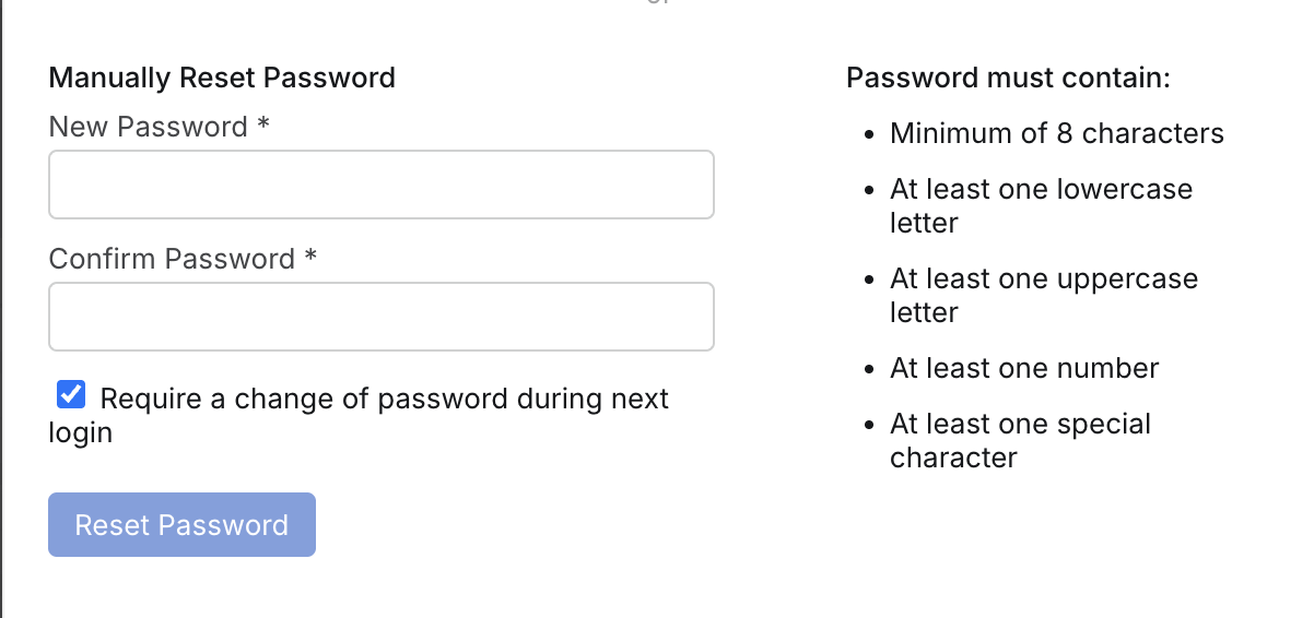 Manual password-reset form with the next-login password-change checkbox selected