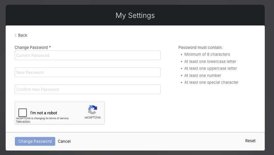 Change Password form showing current password, new password, confirmation, reCAPTCHA, and password requirements
