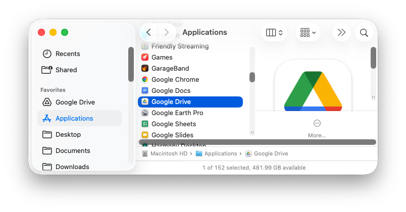 screenshot of Google Drive app in Finder