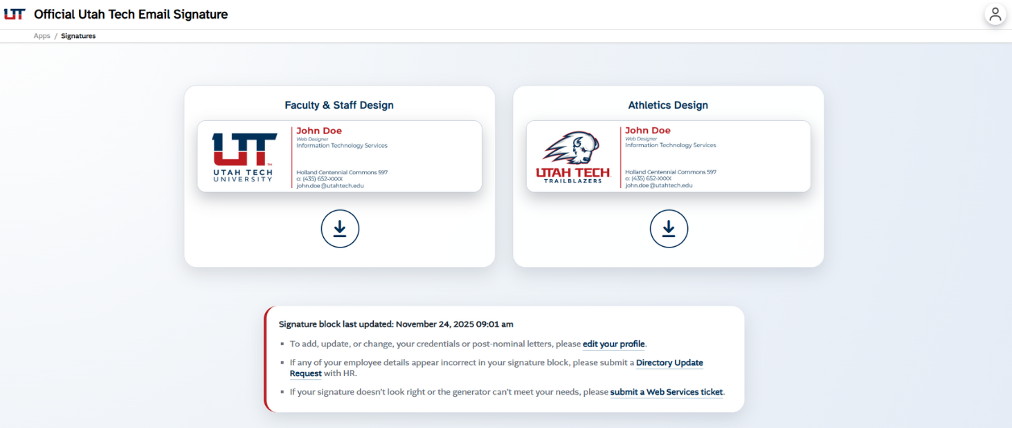 Screenshot showing the Utah Tech signature generator with download options highlighted.