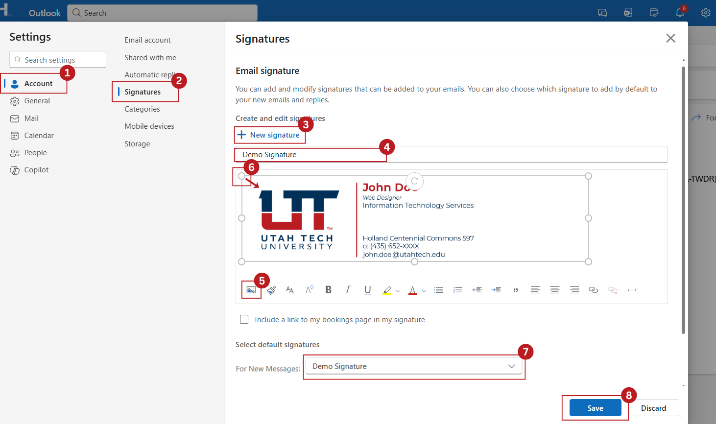 Outlook signature settings screen with numbered steps for creating and inserting a new email signature.