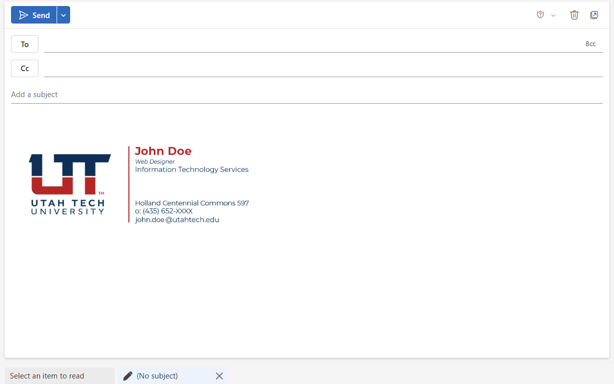 Example of a new Outlook email with the Utah Tech signature automatically inserted at the bottom.