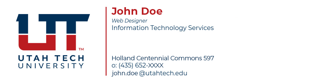 Example of the official Utah Tech University email signature layout.